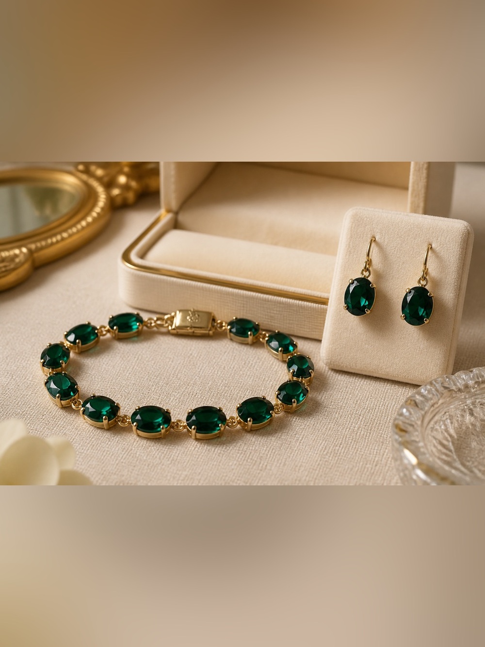 Gold-Plated Emerald Green Crystal Bracelet and Earrings Set